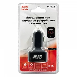 Автомобильное зарядное устройство USB (2 порт) AVS UC-523 (3А,черный) с вольтметром