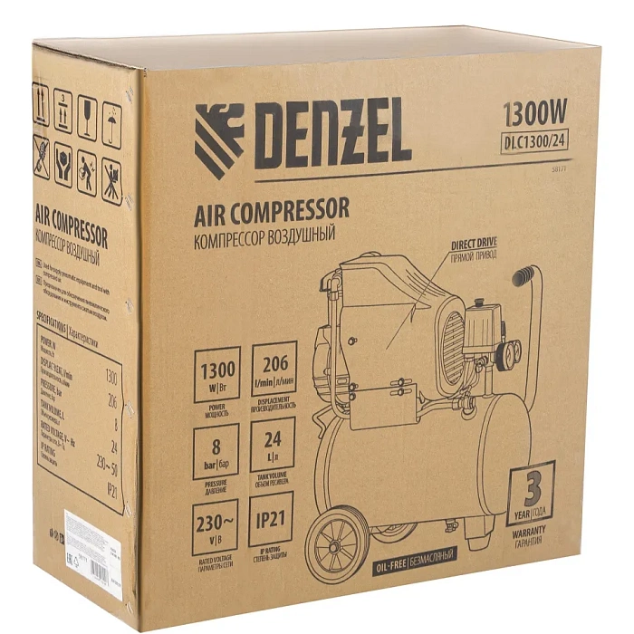 Компрессор воздушный DLC1300/24 безмасляный 1.3 кВт, 24 литра, 206 л/мин Denzel 10